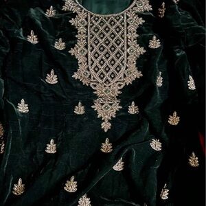 Embroidered Green Velvet 3 piece Dress